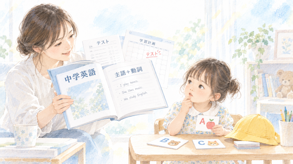 ABCカードを持つ幼児に中学英語の課題を示す母親