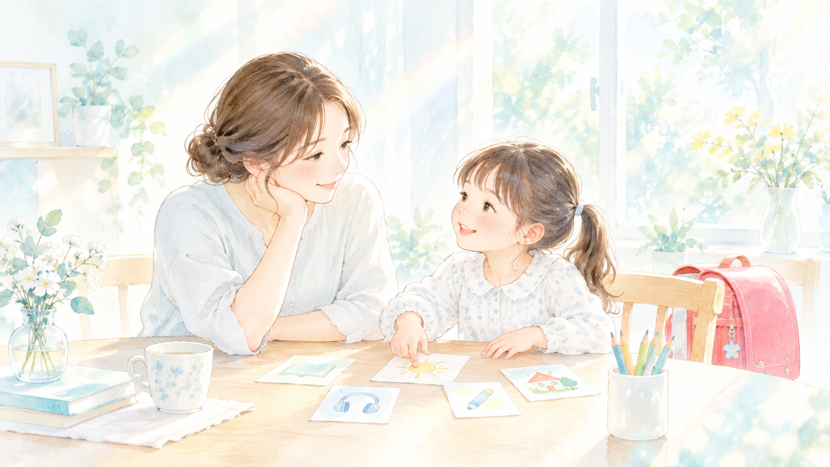 親子で英語習慣を決めるママと娘のイラスト