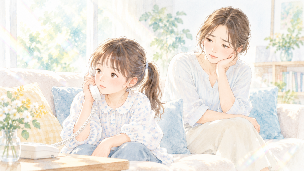 電話英会話を聞く子どもと、やり取りを見て考えるママ