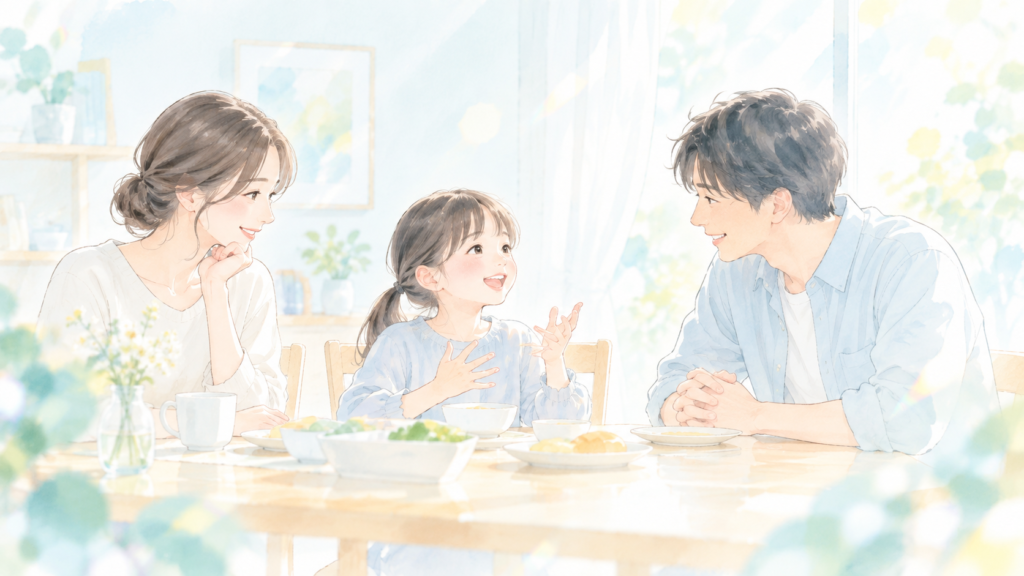 食卓で子どもの話に耳を傾けるママとパパ