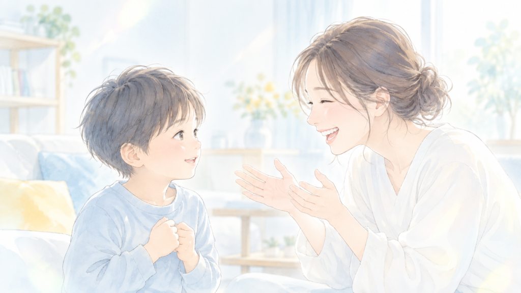 子どもが意見を話した瞬間に、笑顔で受け止めるママ
