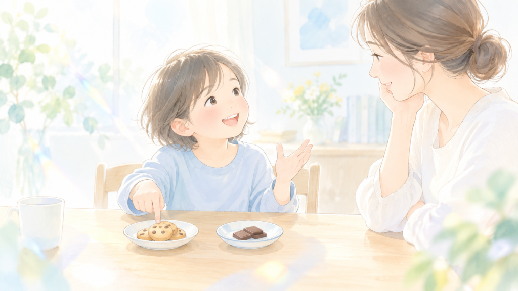 二つのおやつから自分で選び、理由を話す子ども