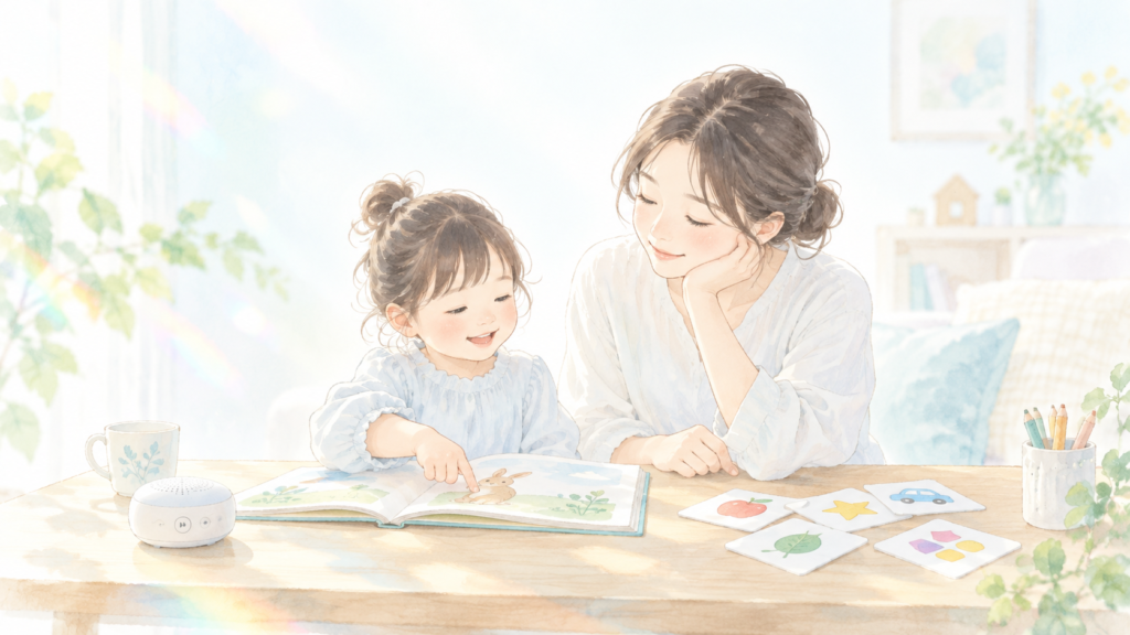 絵本と教材を前に、子どもの興味を聞きながら選ぶ親子