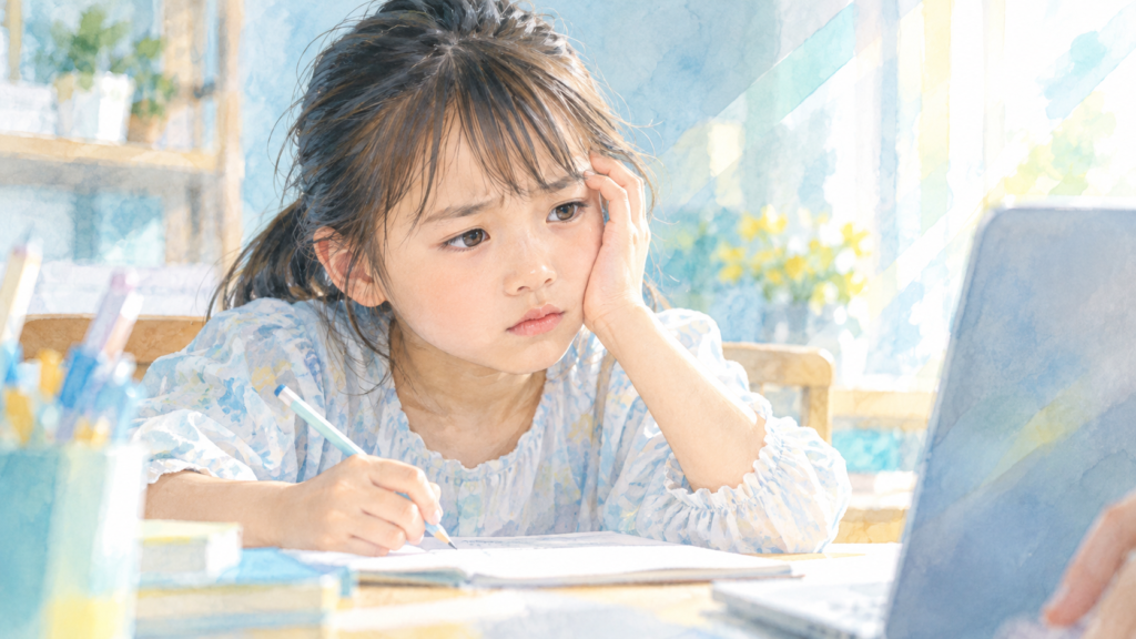 オンライン英会話の質問に答えられず、困りながら考えている子ども