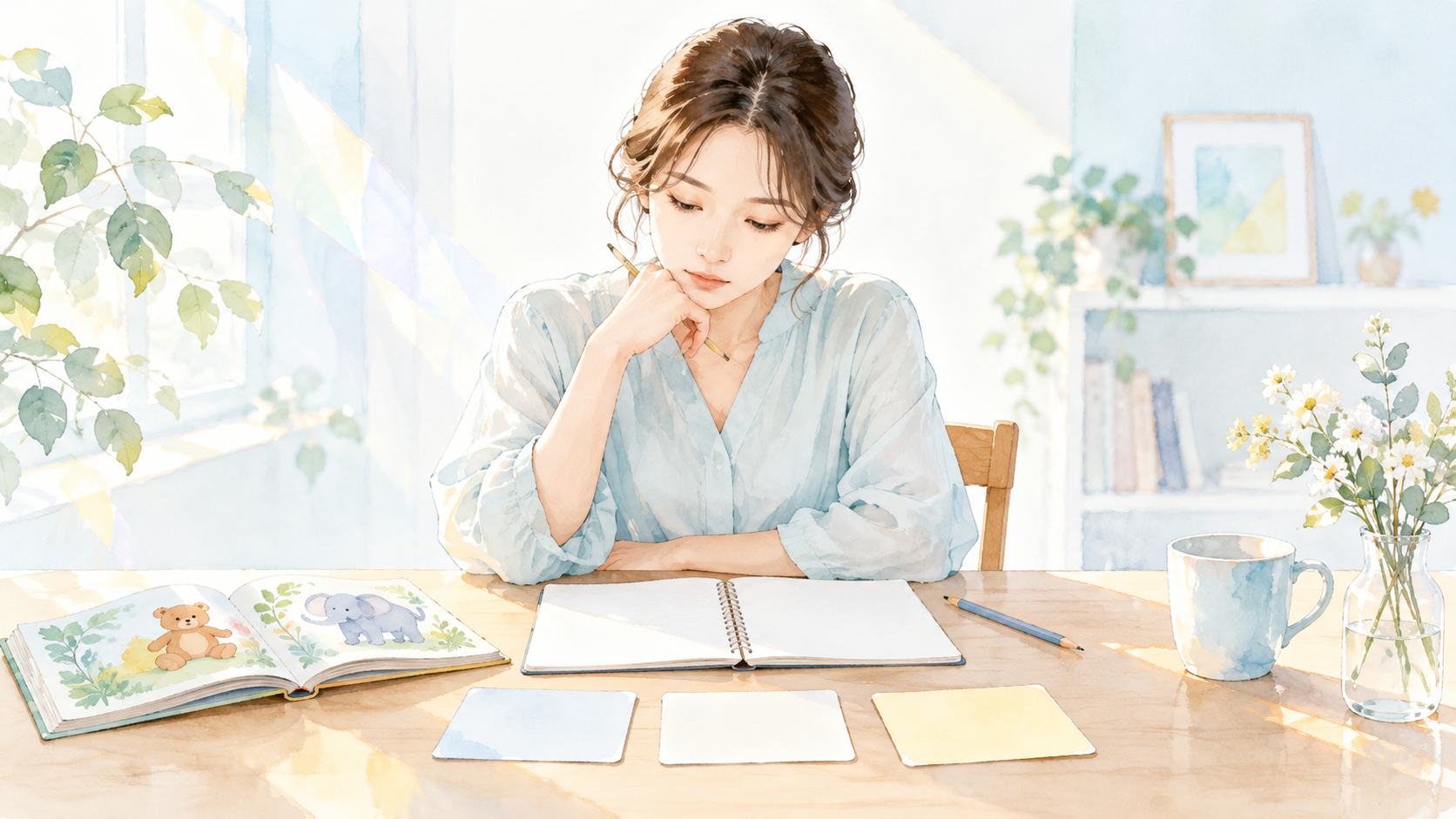 わが子の英語教育で何を大切にしたいのか、ノートを前に考えるママ