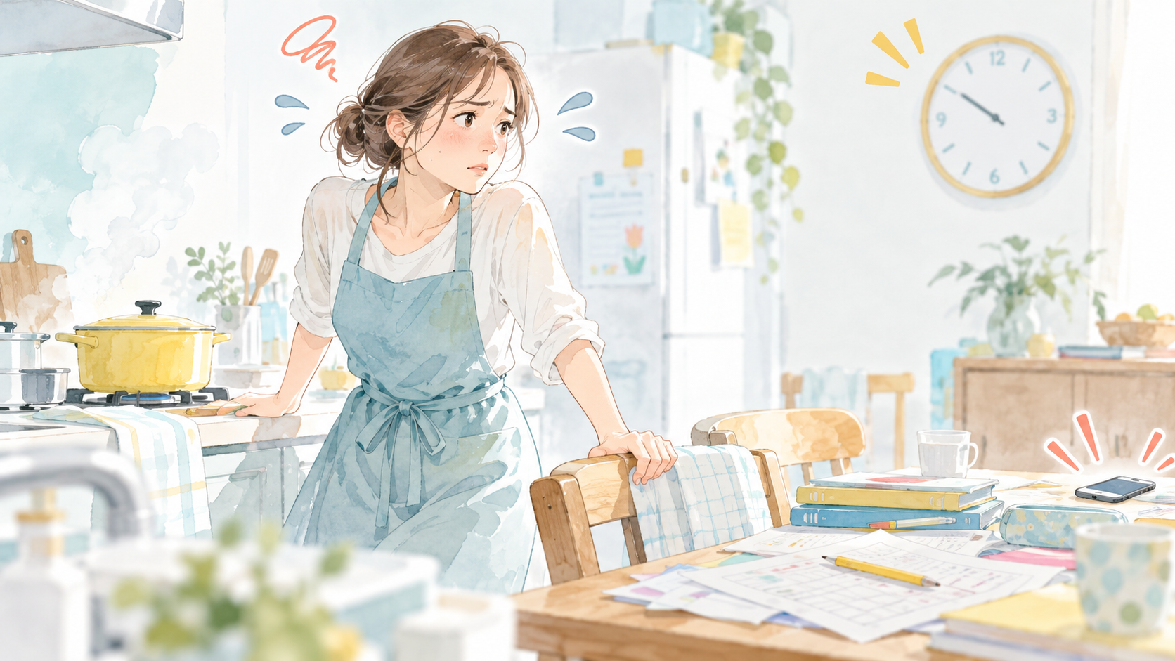 家事や時間に追われ、子どもの答えを待てずに焦っているママ