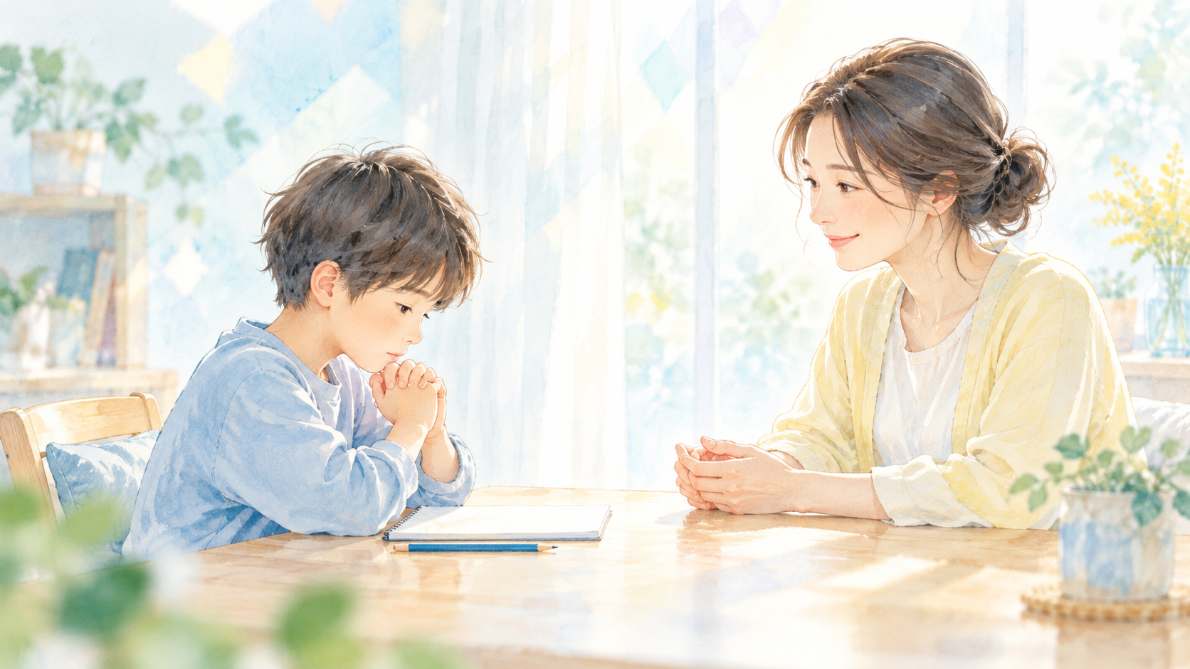 考え込む子どもに、余裕のある表情で向き合いながら待つママ